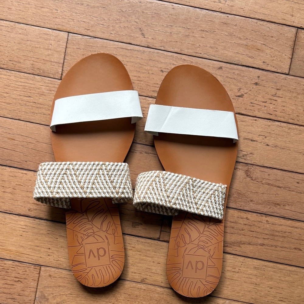 Dv White and Tan Slide Sandals